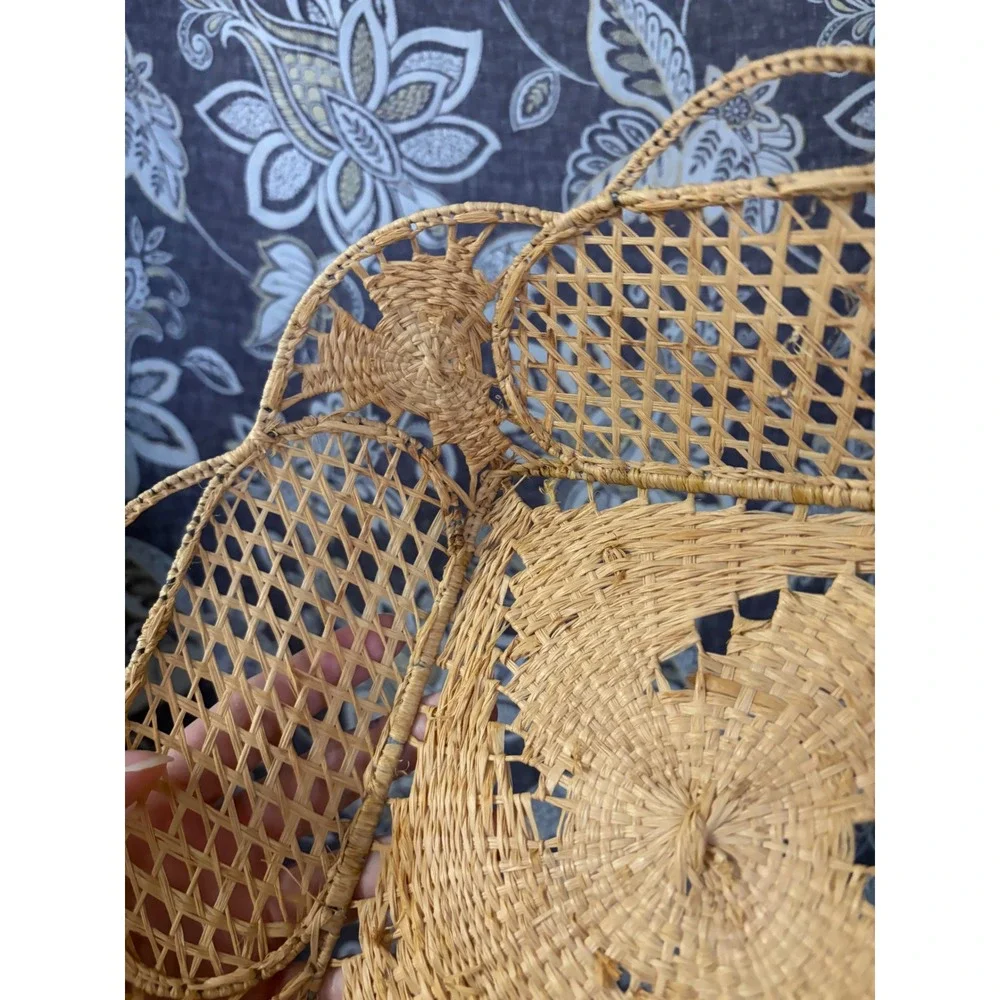 Vintage Woven Straw Basket Tray Boho Handcrafted Lattice Open Weave Tan Small